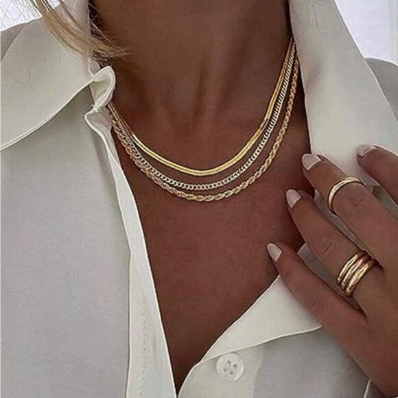 Gold Plated Stainless Steel 3pc Chain Necklace Set - Picture 2 of 3